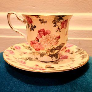 Gracie Bone China "Rose Chintz" teacup and saucer set